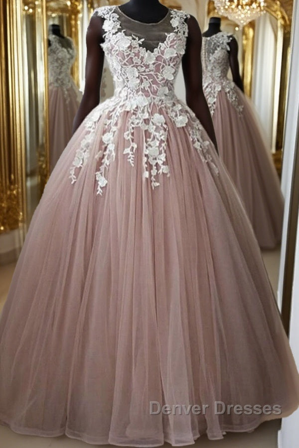 Round Neck Pink Lace Long Prom Gown, Long Pink Lace Prom Formal Evening Dress, Pink Ball Gown Main image