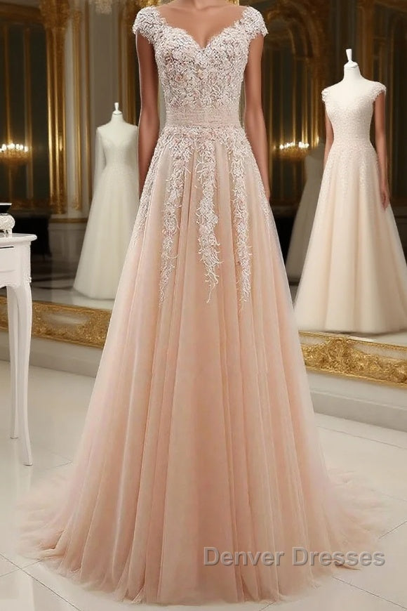 Round Neck Pink Lace Prom Dress, Pink Lace Formal Evening Dress Main image