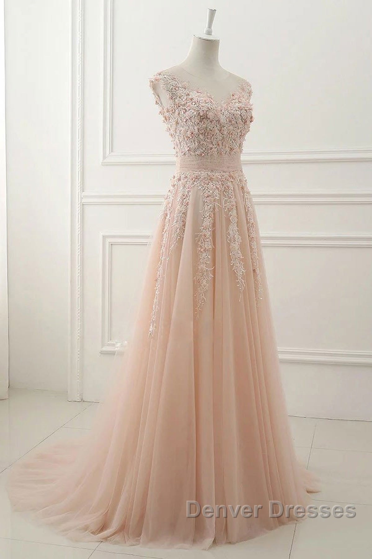 Round Neck Pink Lace Prom Dress, Pink Lace Formal Evening Dress