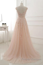 Round Neck Pink Lace Prom Dress, Pink Lace Formal Evening Dress