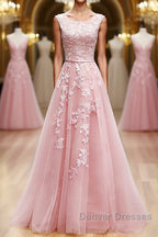 Round Neck Pink Lace Prom Dress, Pink Lace Long Formal Evening Dress
