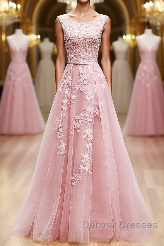 Round Neck Pink Lace Prom Dress, Pink Lace Long Formal Evening Dress