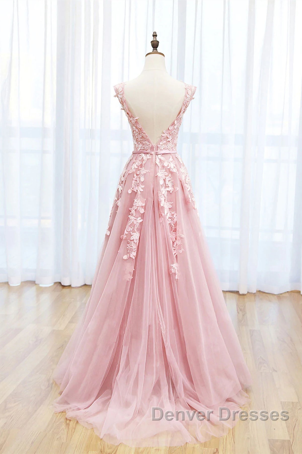 Round Neck Pink Lace Prom Dress, Pink Lace Long Formal Evening Dress Secondary image