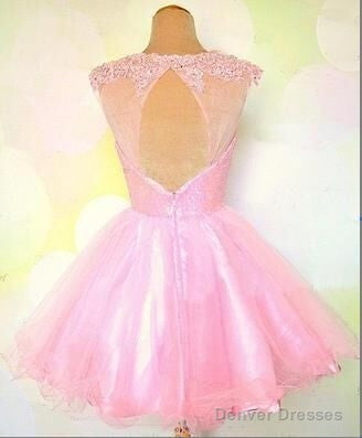 Round Neck Pink Short Lace Prom Dress, Pink Lace Homecoming/Bridesmaid/Graduation Dress Secondary image