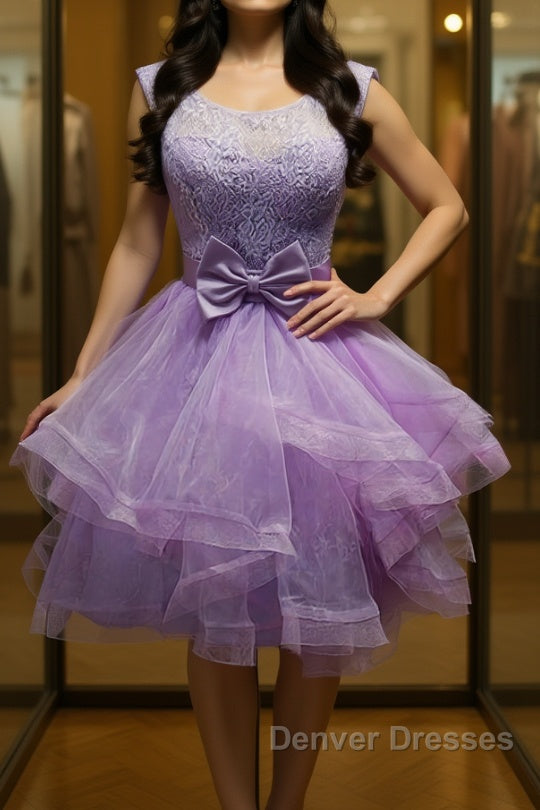 Round Neck Purple Lace Short Prom Dress, Lilac Lace Homecoming Dress, Purple Formal Evening Dress Main image