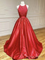 Round Neck Red Lace Long Prom Dresses, Red Lace Formal Evening Graduation Dresses