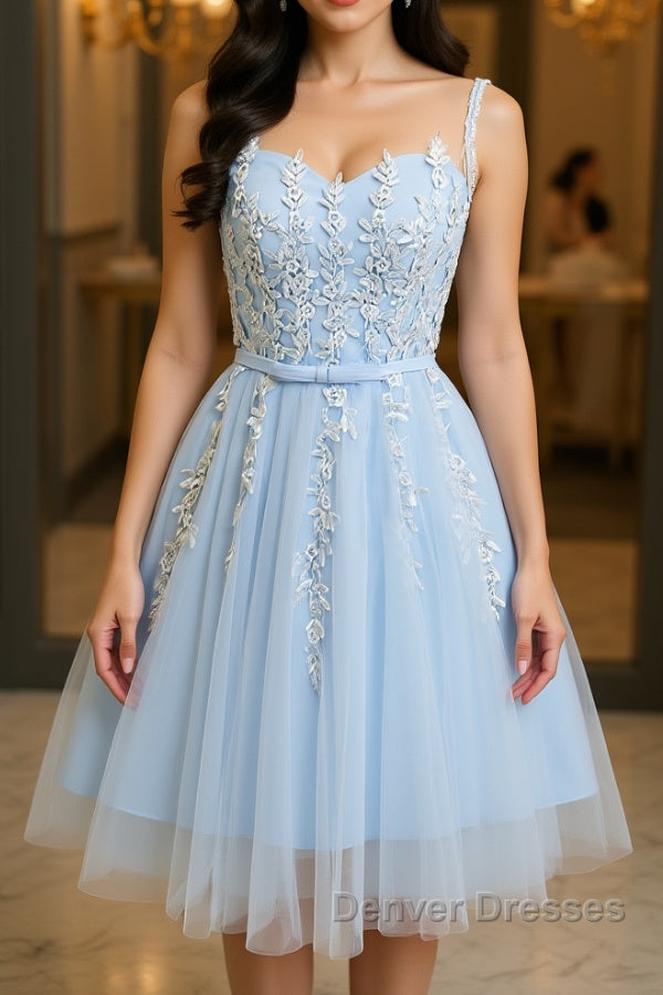 Round Neck Short Blue Lace Prom Dress, Short Blue Lace Homecoming Graduation Dress Main image