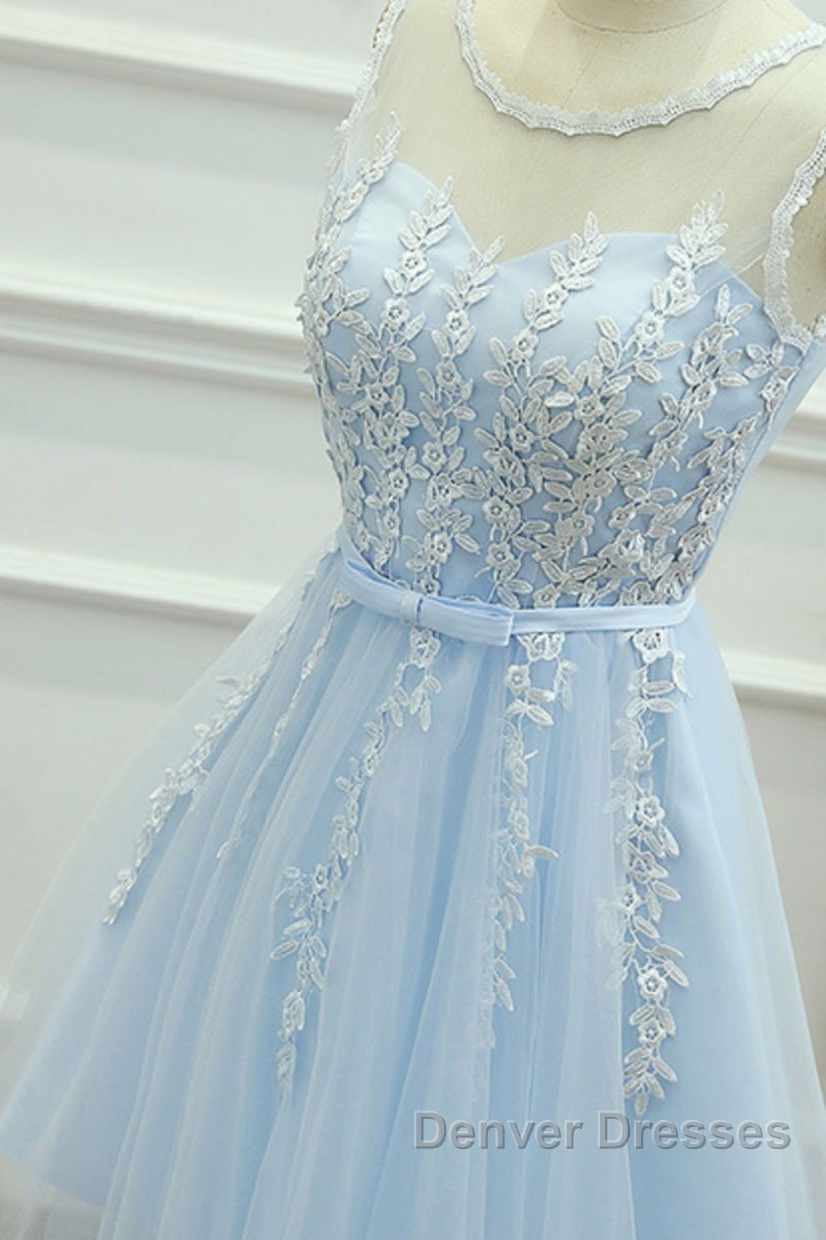 Round Neck Short Blue Lace Prom Dress, Short Blue Lace Homecoming Graduation Dress
