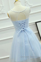 Round Neck Short Blue Lace Prom Dress, Short Blue Lace Homecoming Graduation Dress