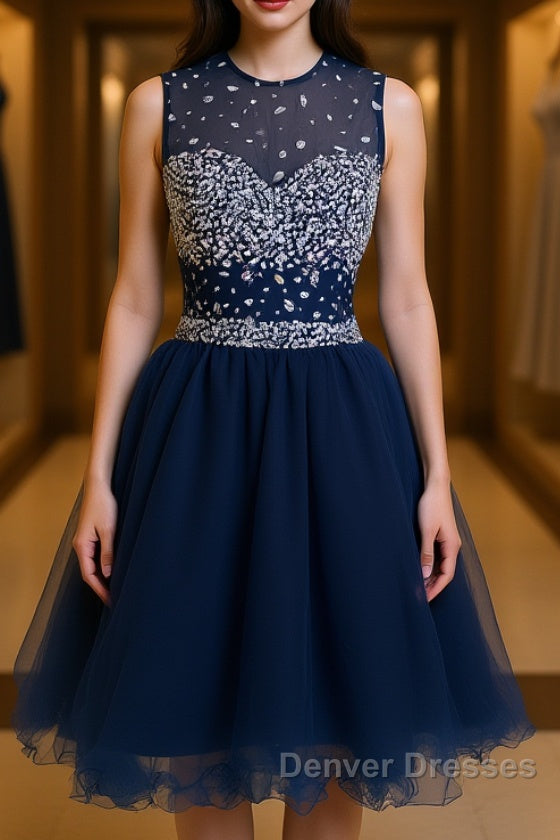 Round Neck Short Dark Blue Prom Dress, Short Dark Blue Homecoming Dress