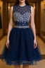 Round Neck Short Dark Blue Prom Dress, Short Dark Blue Homecoming Dress