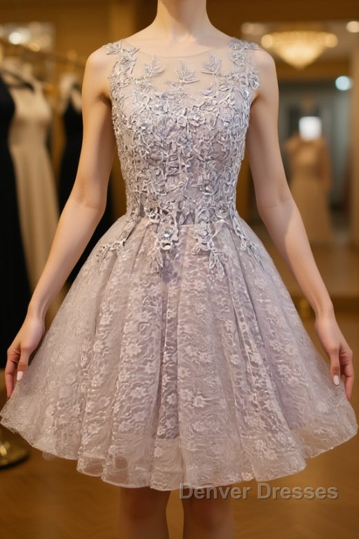 Round Neck Short Gray Lace Prom Dress, Short Gray Lace Formal Homecoming Graduation Dress Main image