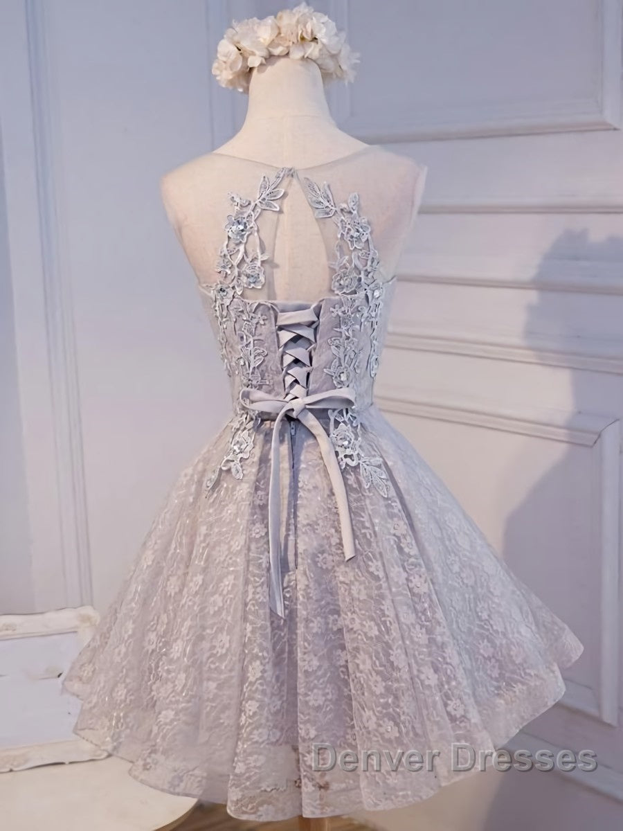 Round Neck Short Gray Lace Prom Dress, Short Gray Lace Formal Homecoming Graduation Dress