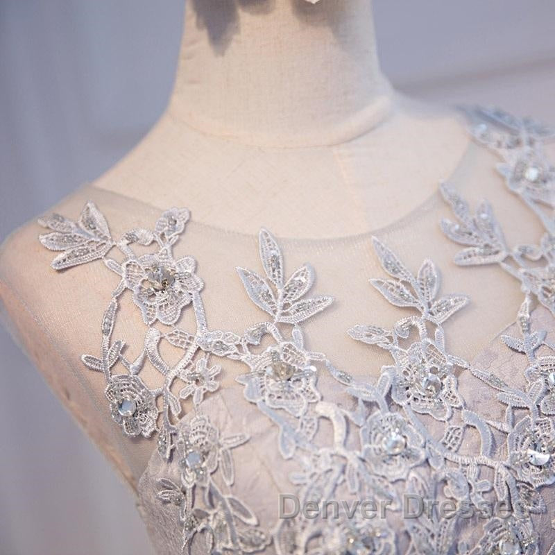 Round Neck Short Gray Lace Prom Dress, Short Gray Lace Formal Homecoming Graduation Dress