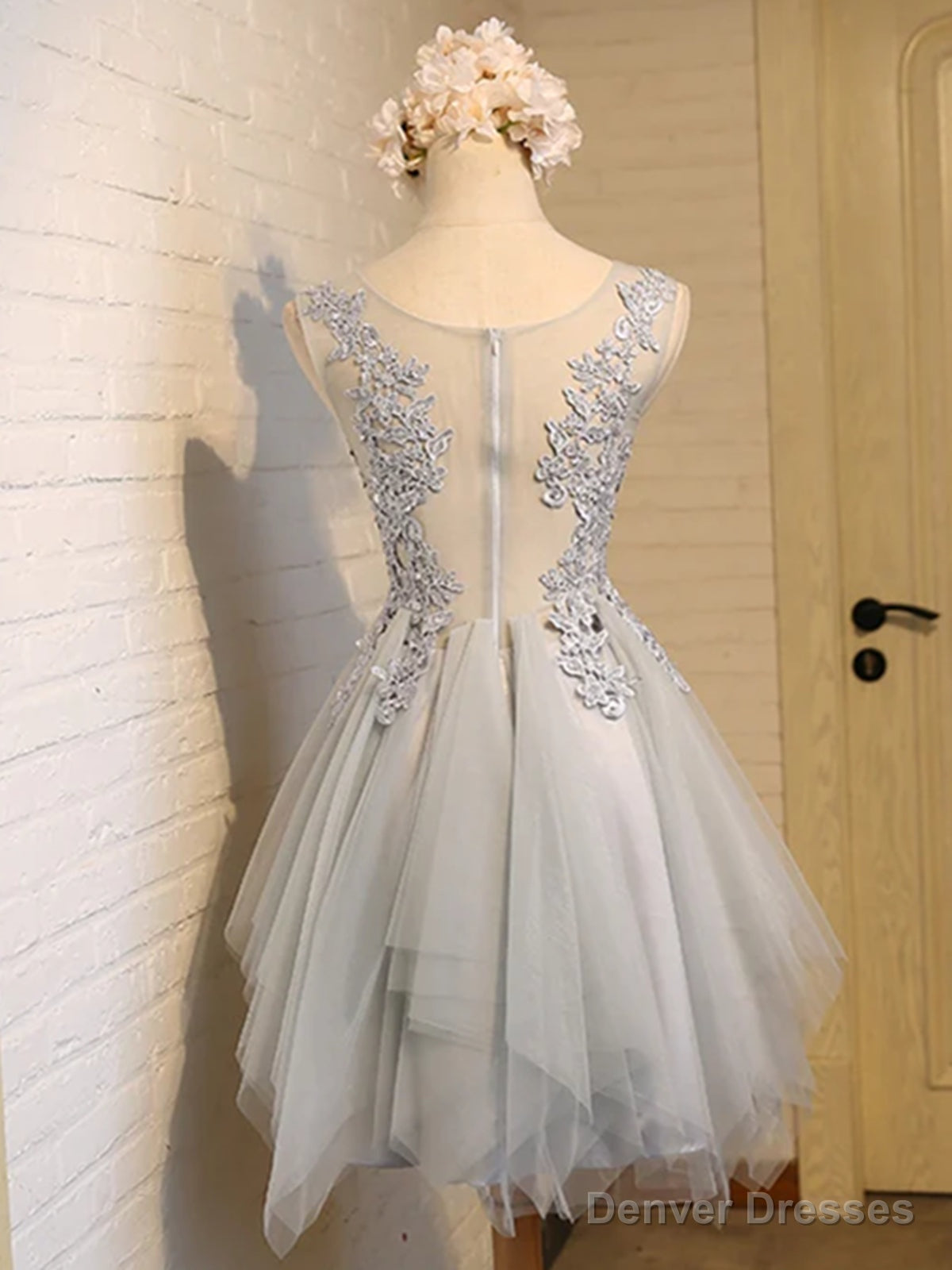 Round Neck Short Gray Lace Prom Dresses, Short Grey Lace Homecoming Dresses Secondary image