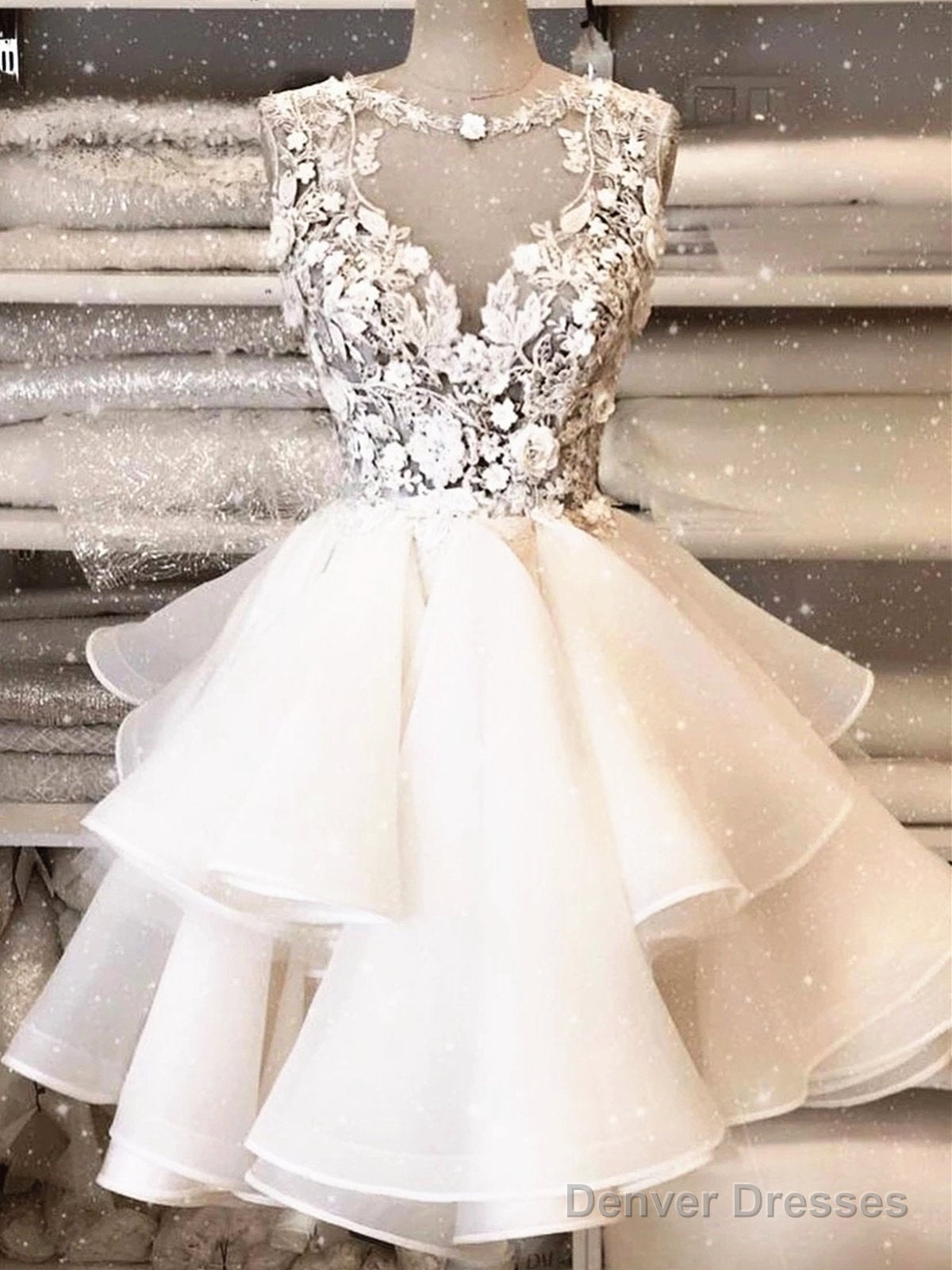Round Neck Short Ivory Lace Prom Dresses, Short Ivory Lace Formal Graduation Cocktail Dresses Main image