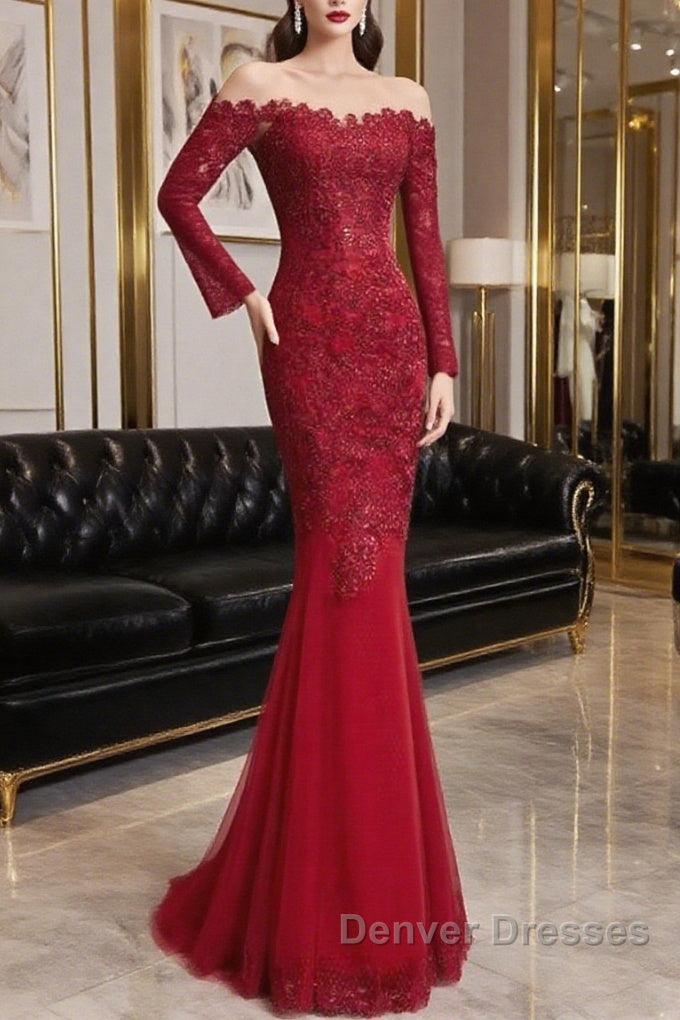 Round Neck Short Sleeves Mermaid Burgundy Lace Long Prom Dress, Mermaid Burgundy Lace Formal Dress, Wine Red Evening Dress Main image