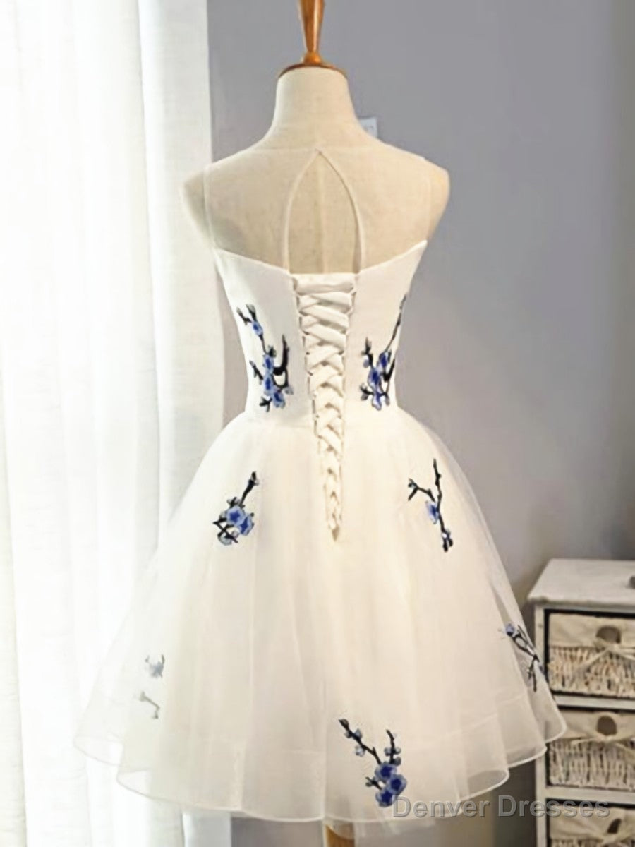 Round Neck Short White Prom Dresses, Short White Floral Graduation Homecoming Dresses Secondary image