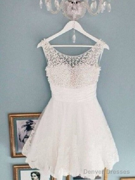 Round Neck White Short Lace Prom Dresses, White Short Lace Homecoming Dresses/Graduation Dress Main image