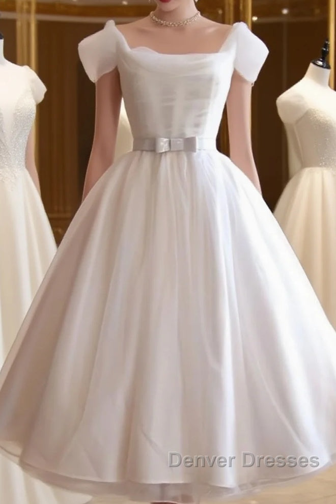 Round-Neck White Tulle Short Retro Prom Dress, Retro Wedding Dress Main image