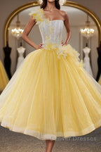 Round Neck Yellow Lace Tulle Prom Dress, Yellow Lace Short Homecoming Dress, Yellow Formal Graduation Evening Dress