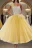 Round Neck Yellow Lace Tulle Prom Dress, Yellow Lace Short Homecoming Dress, Yellow Formal Graduation Evening Dress