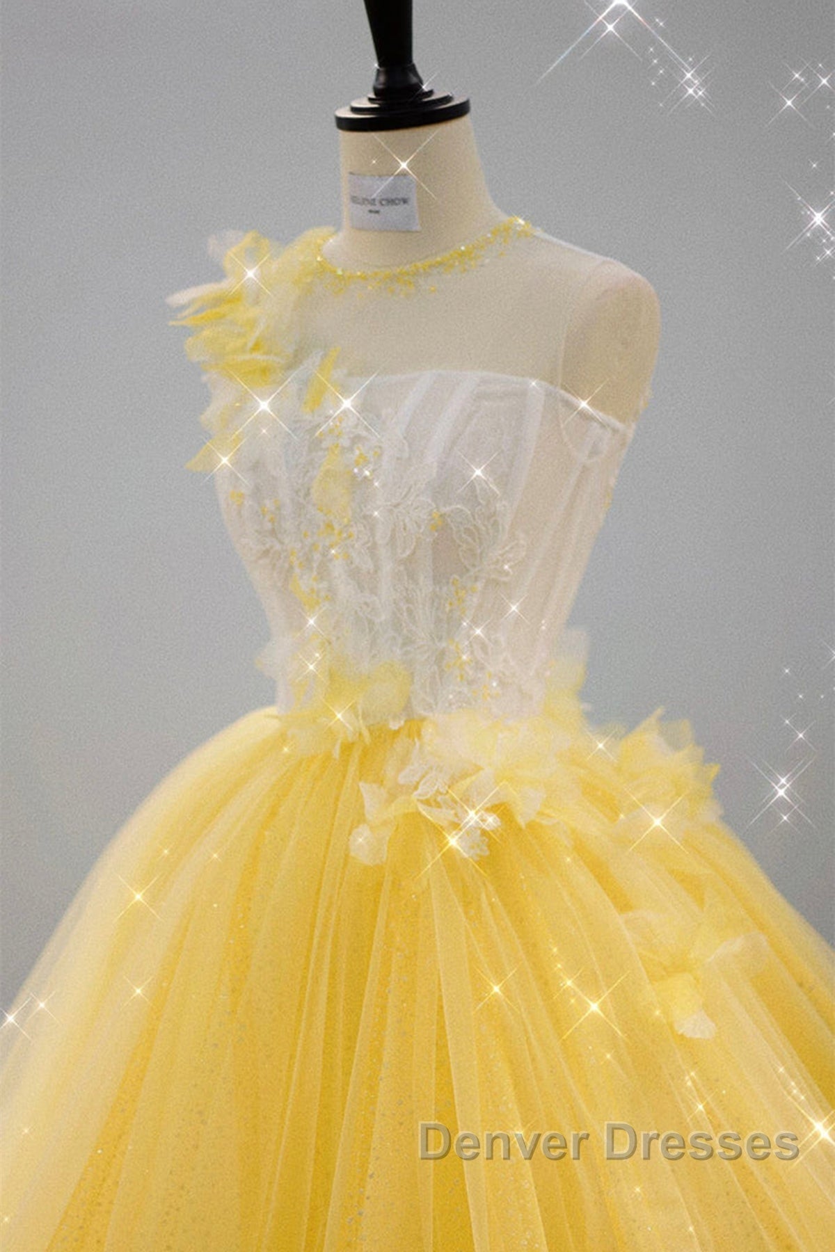 Round Neck Yellow Lace Tulle Prom Dress, Yellow Lace Short Homecoming Dress, Yellow Formal Graduation Evening Dress