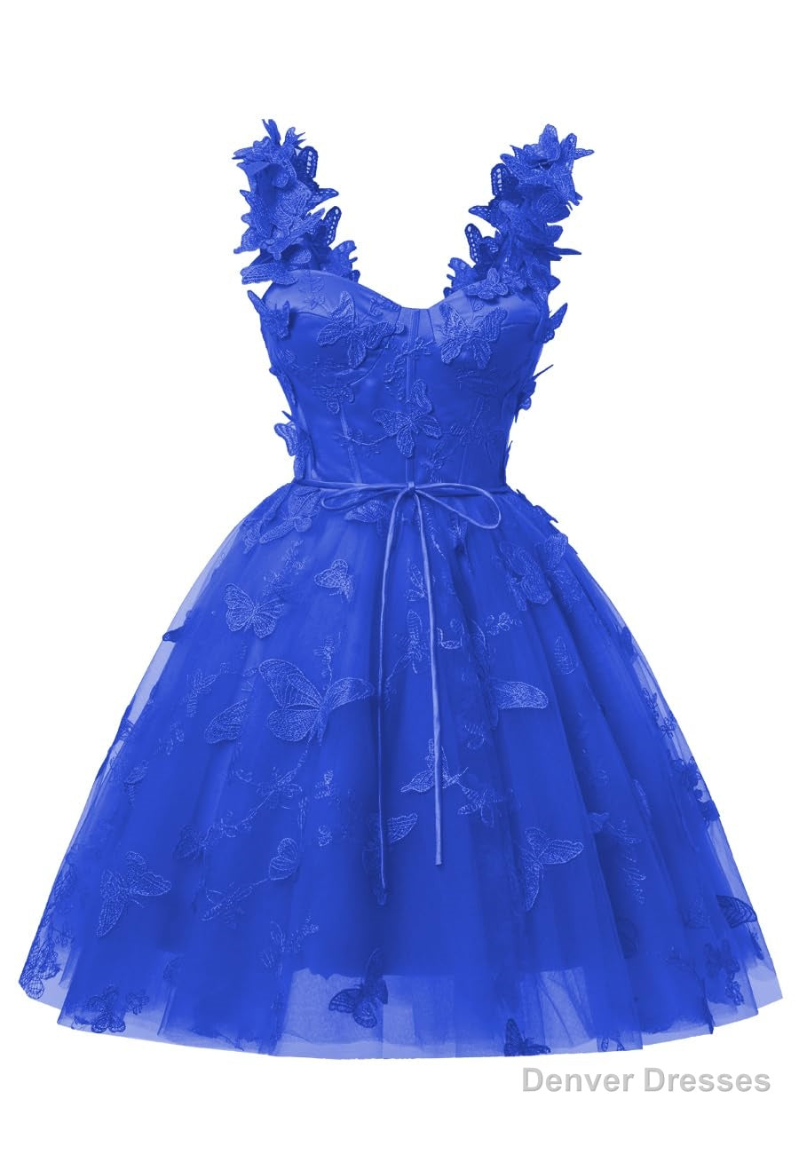 Royal Blue 3D Butterfly Lace Applique Tulle Homecoming Dress for Teens Sweetheart Mini Short Prom Dresses Secondary image