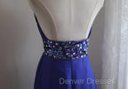 Royal Blue A-Line Halter Chiffon Satin Long Prom Dress V-Neck Beaded Birthday Party Dress