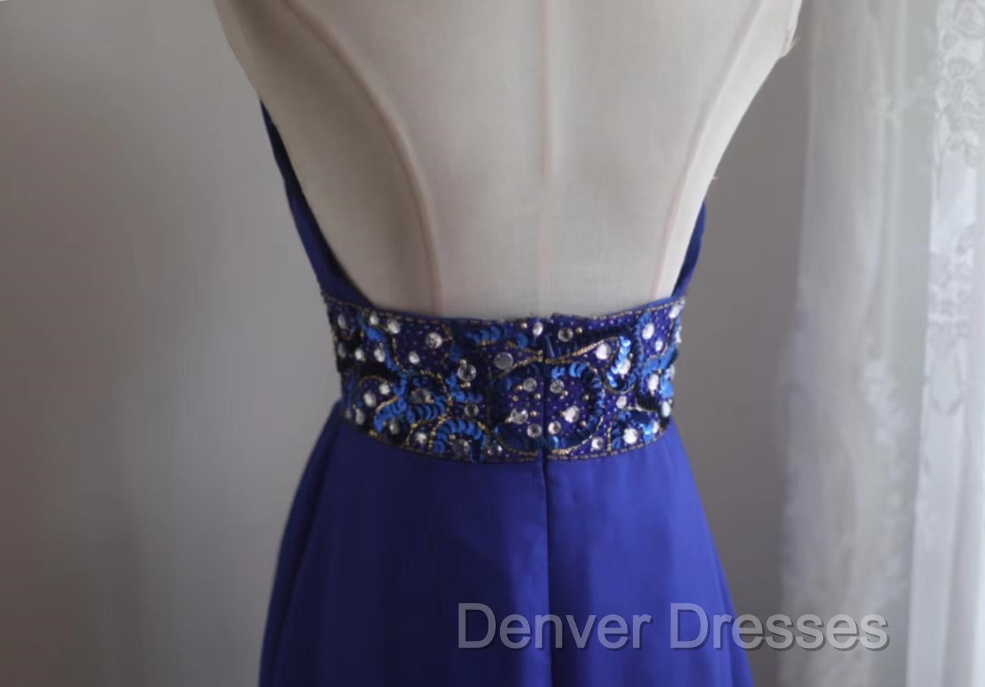 Royal Blue A-Line Halter Chiffon Satin Long Prom Dress V-Neck Beaded Birthday Party Dress