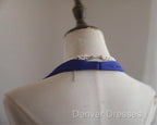 Royal Blue A-Line Halter Chiffon Satin Long Prom Dress V-Neck Beaded Birthday Party Dress