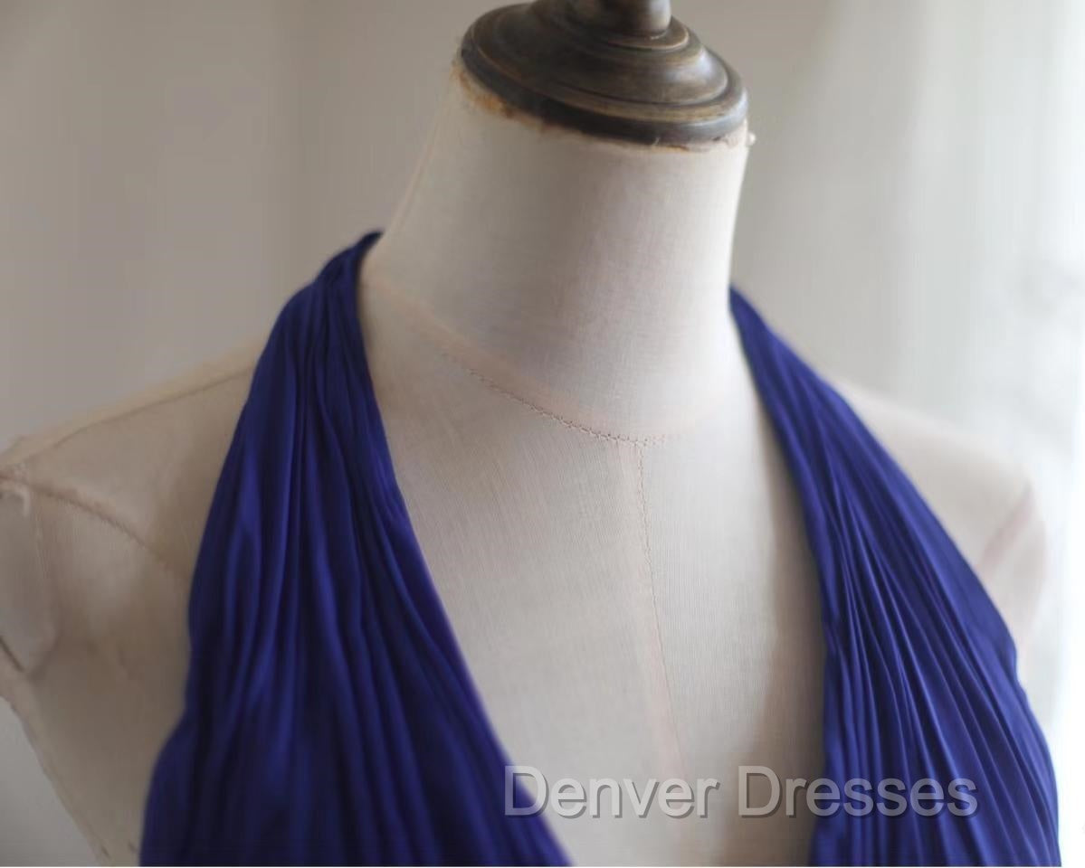 Royal Blue A-Line Halter Chiffon Satin Long Prom Dress V-Neck Beaded Birthday Party Dress