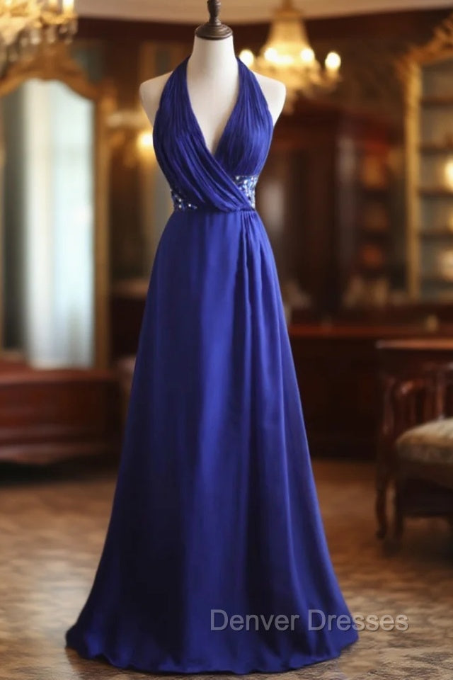 Royal Blue A-Line Halter Chiffon Satin Long Prom Dress V-Neck Beaded Birthday Party Dress Main image