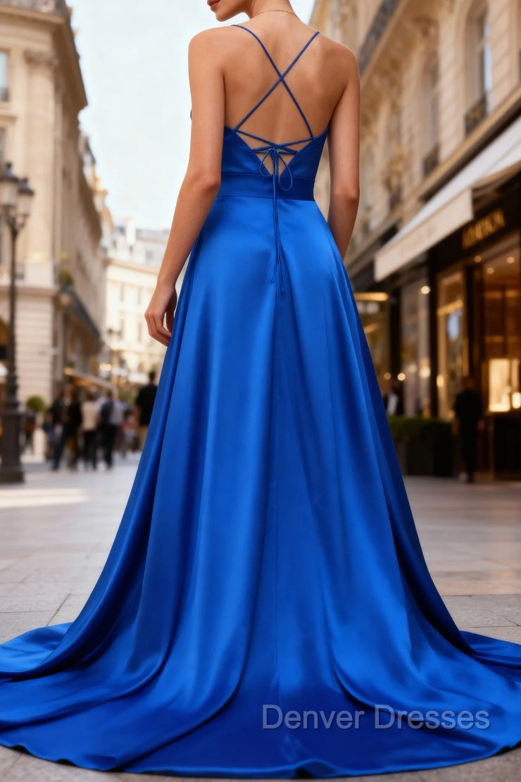 Royal Blue A Line Spaghetti Straps Satin Prom Dress with Slit