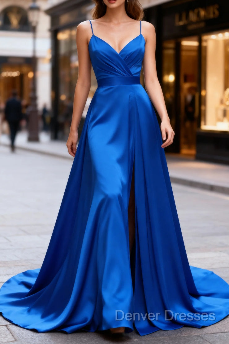 Royal Blue A Line Spaghetti Straps Satin Prom Dress with Slit