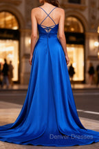 Royal Blue A Line Spaghetti Straps Satin Prom Dress with Slit