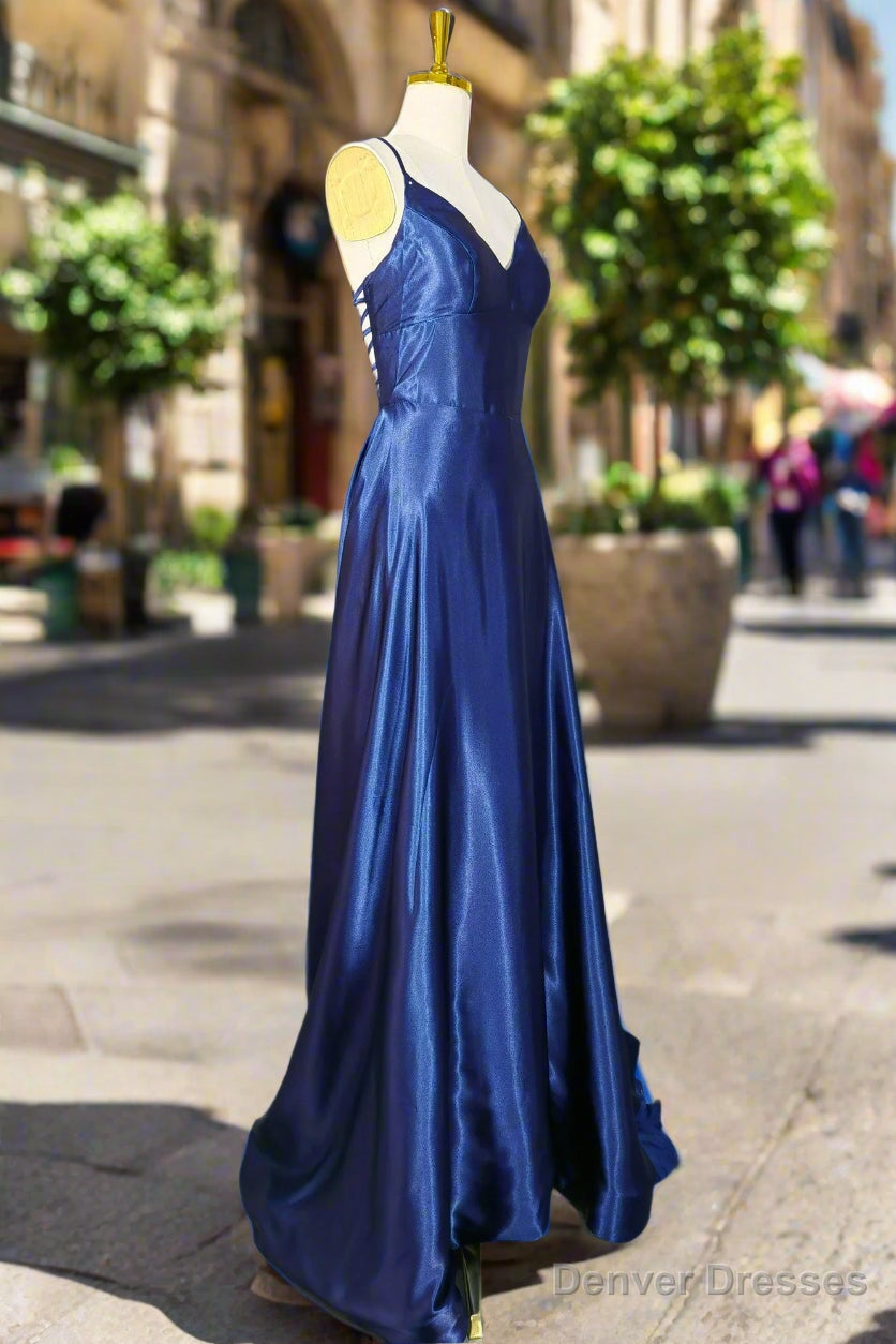 Royal Blue A-line V Neck Prom Dresses Spaghetti Straps Long/Floor-Length Charmeuse Fromal Dresses With Pleated Secondary image