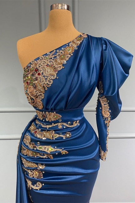 Royal Blue Asymmetric One Shoulder Stretch Satin Evening Prom Dresses With Appliques Secondary image
