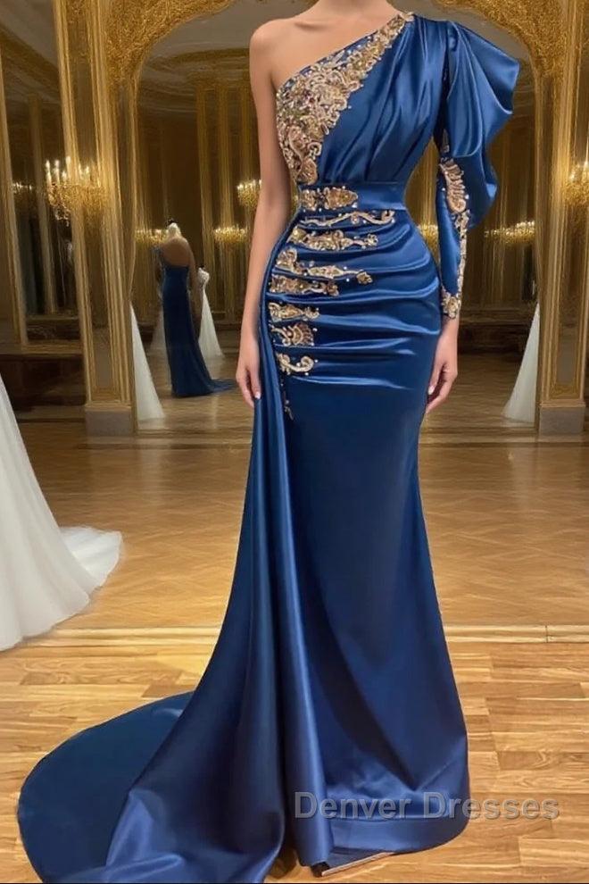 Royal Blue Asymmetric One Shoulder Stretch Satin Evening Prom Dress with Appliques Main image