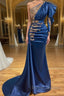 Royal Blue Asymmetric One Shoulder Stretch Satin Evening Prom Dress with Appliques