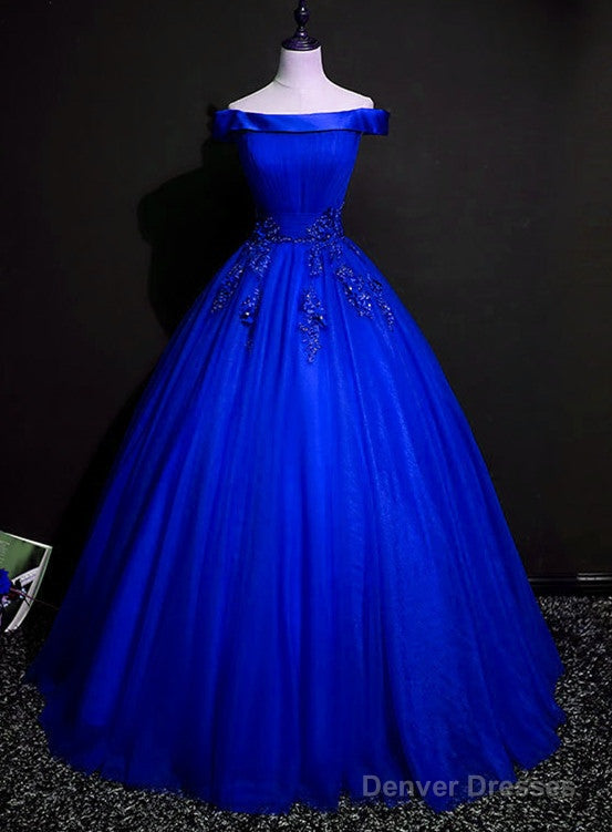 Royal Blue Ball Gown Pricess Off Shoudler Tulle Party Dress, Blue Evening Dress Prom Dress