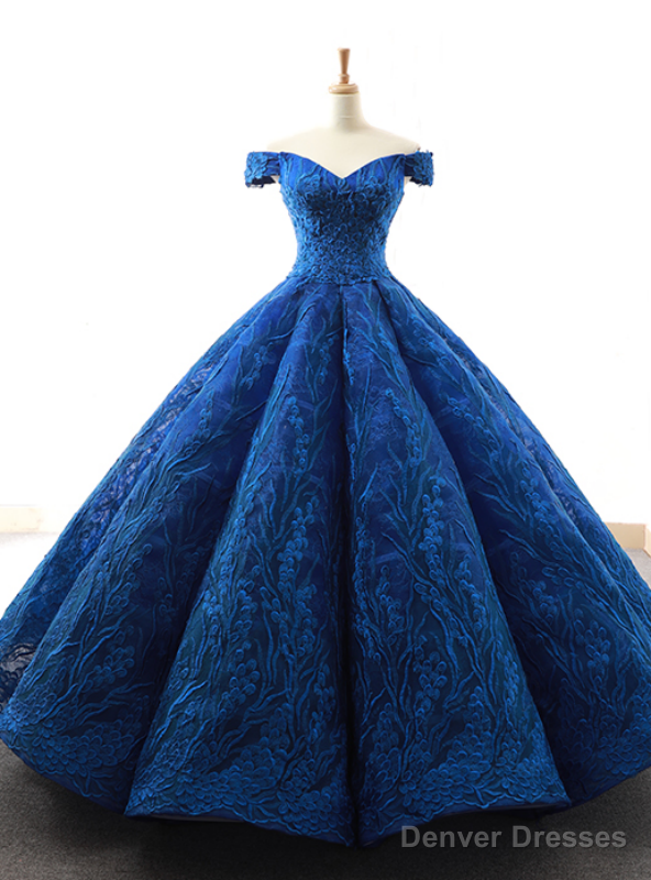 Royal Blue Ball Gown Tulle Lace Appliques Off the Shoulder Prom Dress Main image