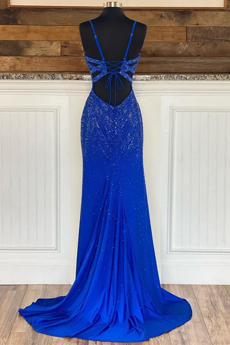 Royal Blue Beaded V-Neck Mermaid Long Prom Dress Secondary image