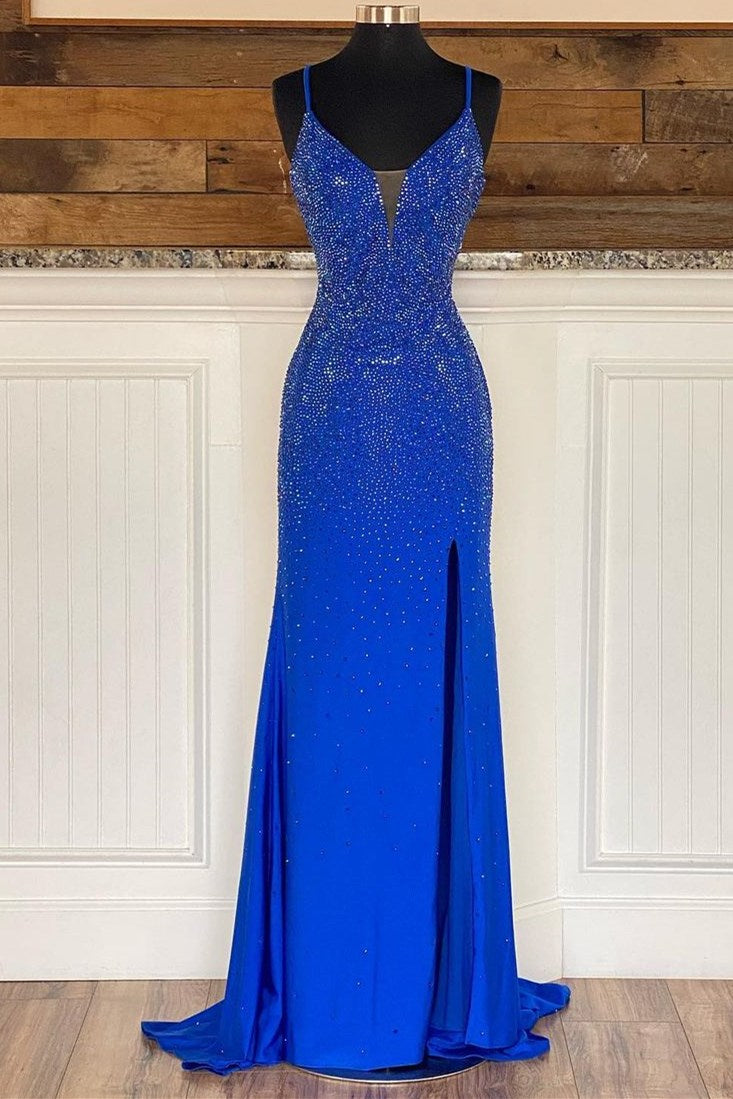 Royal Blue Beaded V-Neck Mermaid Long Prom Dress Main image