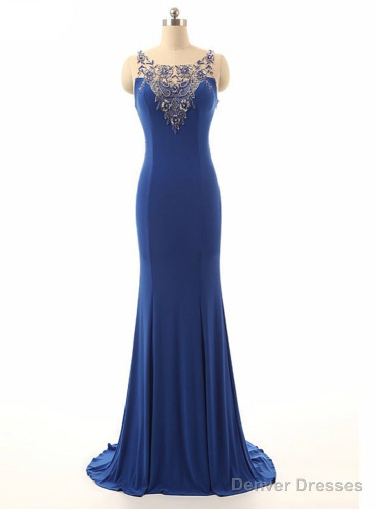 Royal Blue Beading Sheer Neck Mermaid Illusion Dress Main image