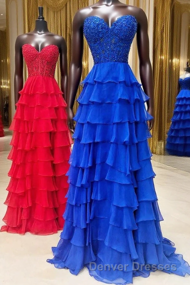 Royal Blue Chiffon Sweetheart Ruffle Tiered Long Prom Dress
