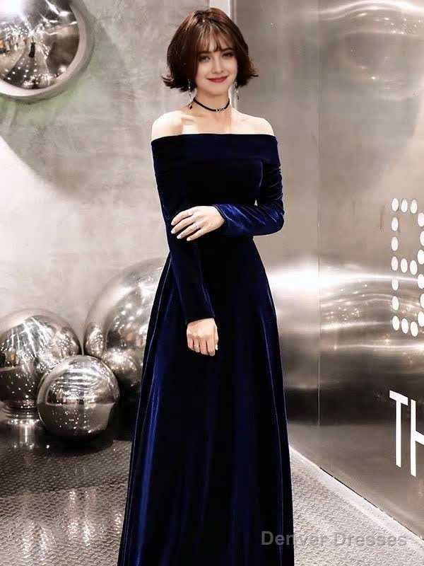 Royal Blue Classic Evening Dresses Velvet Long Sleeve Off Shoulder Prom Dresses Secondary image