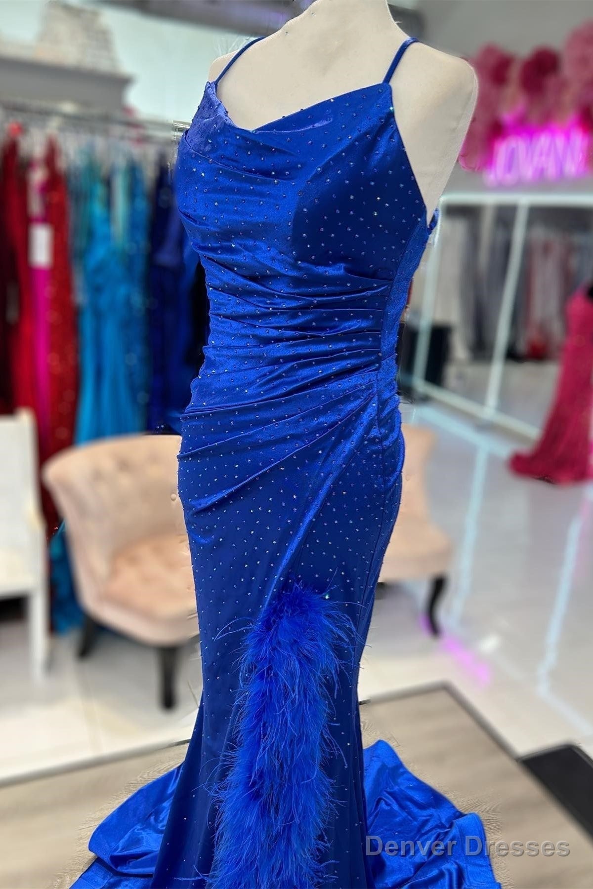 Royal Blue Cowl Neck Rhinestones Long Prom Dress with Feather-Trimmed Slit Secondary image