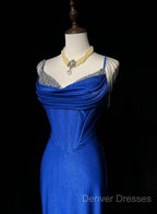 Royal Blue Elegant Mermaid Satin Spaghetti Strap Long Prom Dress Beaded Formal Evening Gown