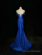 Royal Blue Elegant Mermaid Satin Spaghetti Strap Long Prom Dress Beaded Formal Evening Gown